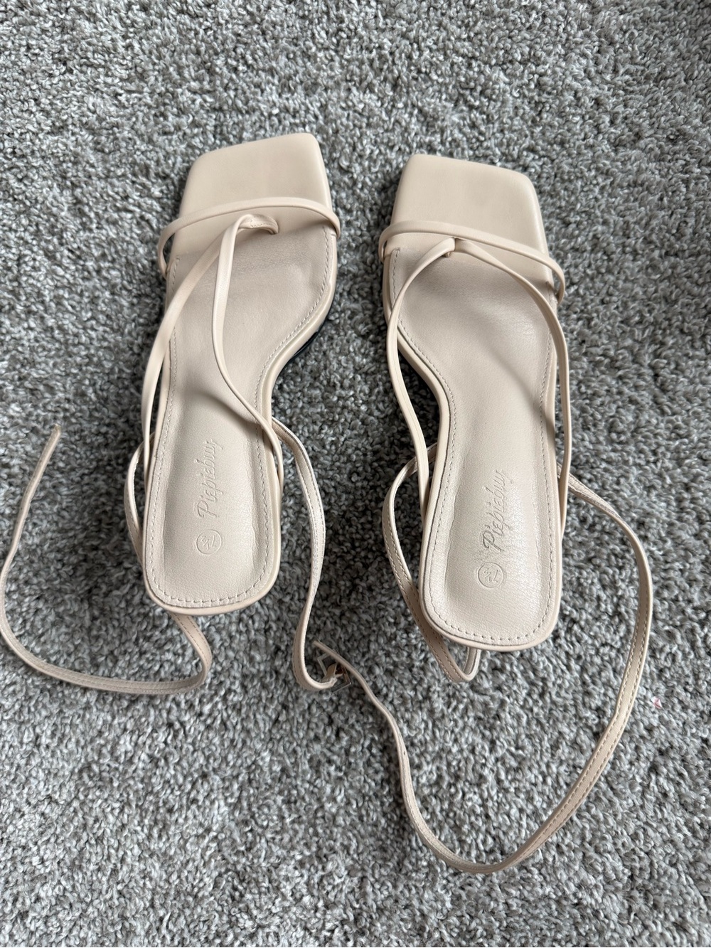 Strappy Square-Toe Ankle Wrap Sandals in Nude